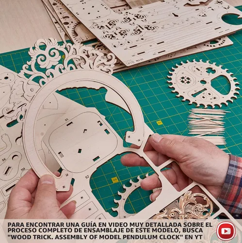 Vista 4 de Reloj de pared con péndulo de madera para construir, reloj de pared de madera de bricolaje grande - Sin baterías - Puzzle de madera 3D - Reloj