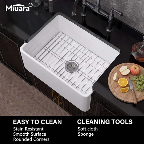Vista 9 de Miuara Fregadero de Granja de 24 Pulgadas – Fregadero de Cocina Pequeño con Delantal Frontal de Montaje Inferior Reversible 24"x18"x10", Estilo Casa