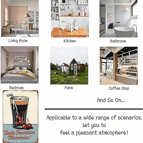 Vista 5 de Cartel de metal retro con fuente de soda y cerezas, decoración de pared, para garaje, hombre, cueva, baño, dormitorio, granja, inspirador, arte