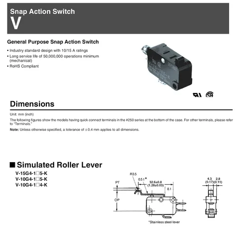 Vista 6 de OMRON COMPONENTES ELECTRÓNICOS V-10G4-1C24-K MICRO INTERRUPTOR, PALANCA DE RODILLO SPDT 10A 250V por Omron