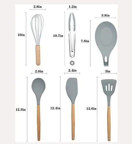 Vista 7 de TOEWOE Juego de utensilios de cocina de silicona, 12 piezas antiadherentes de silicona para el hogar, mango de madera, resistente al calor