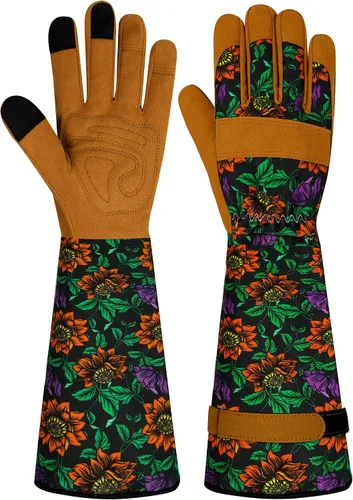 Vista 15 de Guantes largos de jardinería para mujer, guantes de cuero a prueba de espinas, guantes de trabajo transpirables para mujeres, patio, exteriores
