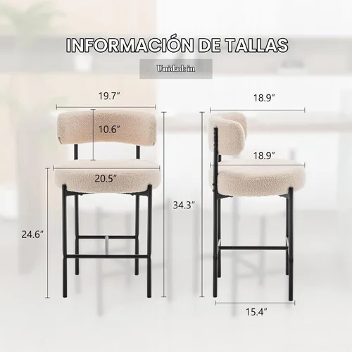 Vista 2 de Cinxzar Taburetes de Bar Boucle Juego de 2, Taburetes de Bar de Altura de Mostrador Beige con Respaldos, Taburetes Modernos para Isla de Cocina