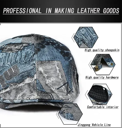 Vista 3 de Sombrero de Newsboy para hombre, proceso de impresión de cuero genuino, boina de hiedra camionero Gatsby Golf Cabbie Gorra plana