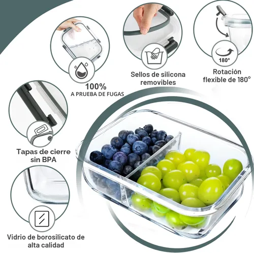 Vista 5 de VERONES - Paquete de 10 recipientes de vidrio para preparación de comidas de 2 compartimentos, 30 onzas, recipientes herméticos de vidrio