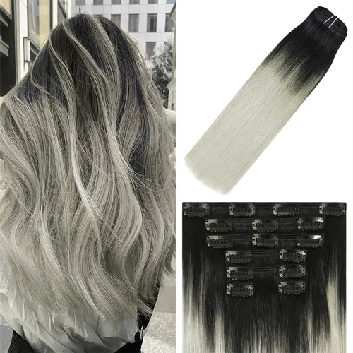 Vista 14 de WindTouch - Extensiones de cabello humano liso con pinzas, color negro azabache, 2.47 onzas, N.° 1, 12 pulgadas, 7