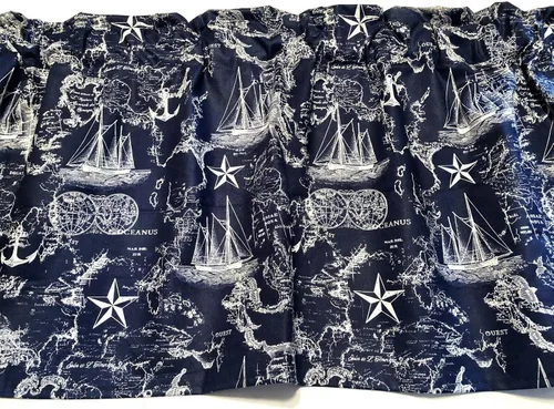 Vista 2 de Navy Blue Nautical Map Valance 42" Wide and 14" Long Cotton Curtain