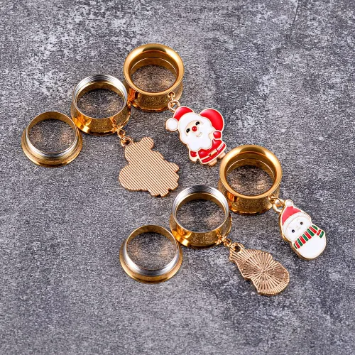 Vista 4 de PUNKYOUTH Christmas Style Gold Dangle Ear Gauges Double Flared Plugs Tunnels Stainless Steel Screw Back Earrings Santa Claus Snowman Gauge 2g to 1