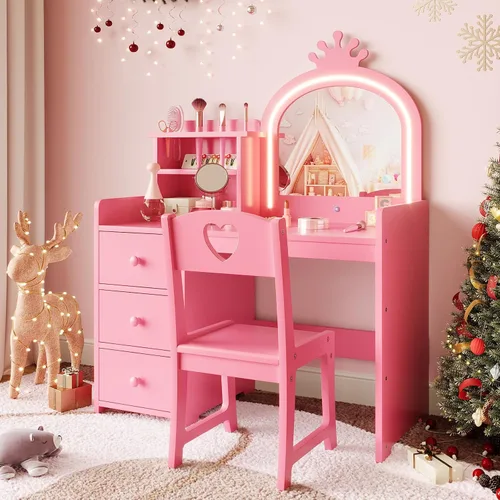 Vista 6 de Juego de mesa y silla para niños con espejo de luz y 3 cajones Rosa