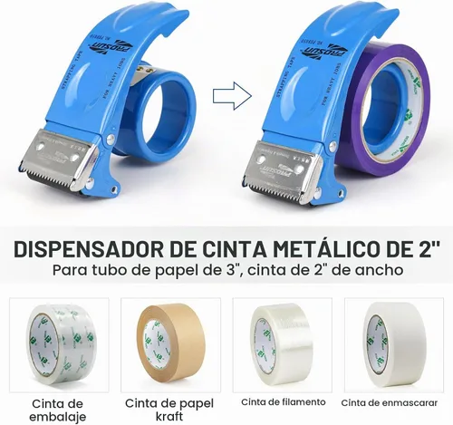 Vista 5 de BOMEI PACK Dispensador de cinta de embalaje de metal, dispensador de cinta pesada de mano resistente de 2 pulgadas, 2 unidades, azul