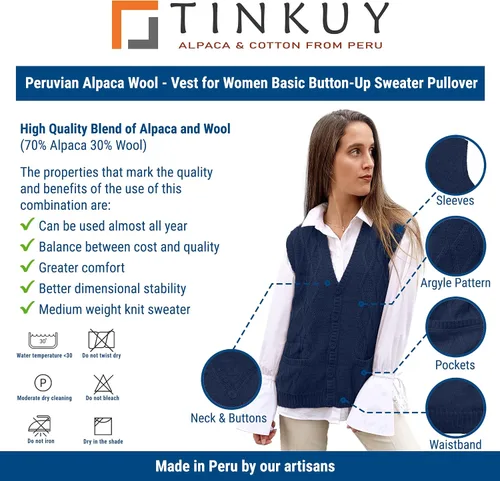 Vista 5 de Peru - Chaleco tipo cárdigan de lana de alpaca con cuello en V para mujer, talla S-4XL