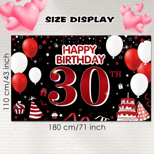 Vista 2 de Cartel de feliz cumpleaños 30 para patio, pancarta de feliz cumpleaños 30 en negro y rojo, decoración para mujeres y hombres, fondo grande de 30