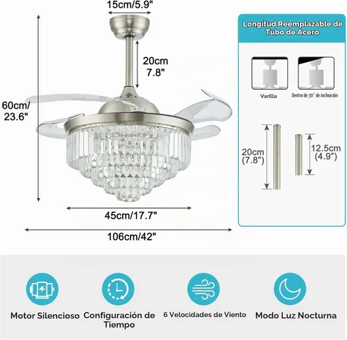 Vista 4 de Ventilador de techo plateado de 42 pulgadas y luz LED regulable 42" 6009 Níquel