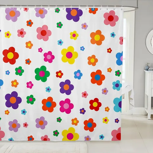 Vista 17 de Cortina de baño de flores de margarita para niños y niñas, cortina de ducha floral para decoración de baño, 72 x 72 pulgadas, retro, floral
