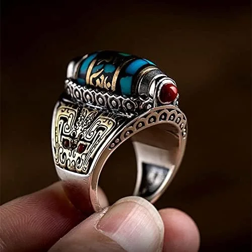 Vista 2 de DXWXY Anillos giratorios de plata de ley S925 para mujereshombres, budista, tibetano, anillo de oración tibetana, talla Pixiu Lucky God Beast, Om