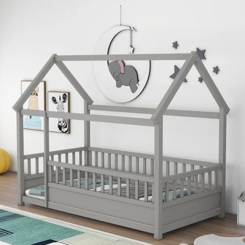 Vista 4 de Harper & Bright Designs Marco de cama de piso de casa de tamaño individual con valla, cama Montessori de madera con marco de techo de casa Gris