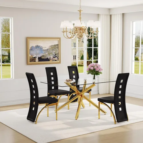 Vista 35 de Juego de mesa de comedor moderna para mesa de comedor negra de 4,63 pulgadas, juego de 4 con patas de metal dorado, mesa de cocina rectangular