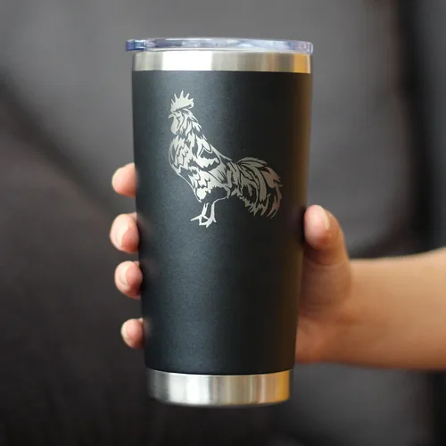 Vista 3 de Rooster - Vaso de café aislado con tapa deslizante, taza de viaje de acero inoxidable, regalos de pollo y decoración de granja para mujeres y Negro
