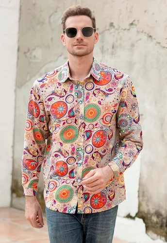 Vista 3 de QZH.DUAO Camisas de lino de discoteca de los años 70 para hombre, estilo casual, estampado de cachemira, floral, vintage, de manga larga y camisa