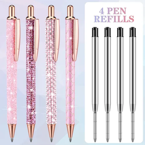 Vista 5 de Ireer 4 bolígrafos brillantes de diamantes de imitación para mujer, bolígrafo de tinta de metal con purpurina de cristal con 4 recambios de 0.039