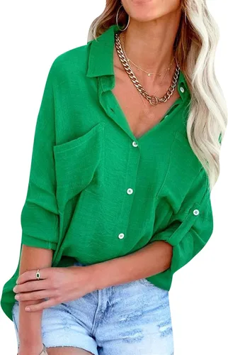 Vista 9 de MAYRAIN Camisa de manga larga con botones y cuello de solapa para mujer, camisa casual de verano con bolsillos