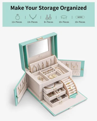 Vista 3 de Vlando Joyero organizador para niñas y mujeres, organizador de joyas barroco grande con espejo, 3 cajones para pulseras, aretes, anillos, collares