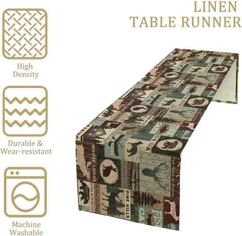 Vista 4 de Camino de mesa de estilo rústico retro, decoración de mesa de cocina, sala de estar, comedor, para el hogar, con diseño de osos, alces, ciervos