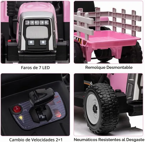 Vista 7 de Nasitip Tractor eléctrico con batería de 12 V con remolque y control remoto Rosa