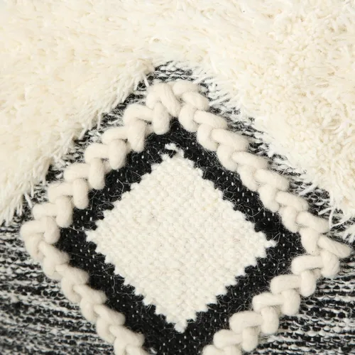 Vista 8 de WHW Whole House Worlds Puf otomano bohemio de Fringy, algodón, madera y frijoles, cubo tribal blanco y negro, 19.75 pulgadas