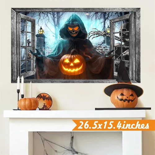 Vista 5 de Decoración de pared de Halloween, calcomanías de Halloween 3D para ventana falsa, despegar y pegar, calabazas, esqueleto, murales artísticos