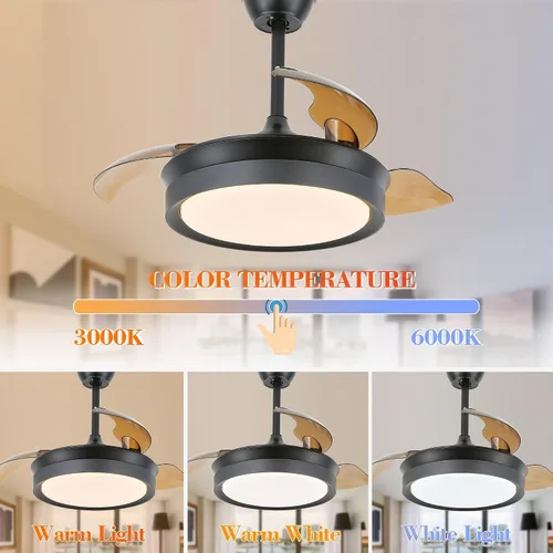 Vista 5 de Bella Depot Ventilador de techo retráctil con luces y control remoto con 3 cambios de color, opciones de temporización, silencioso y silencioso