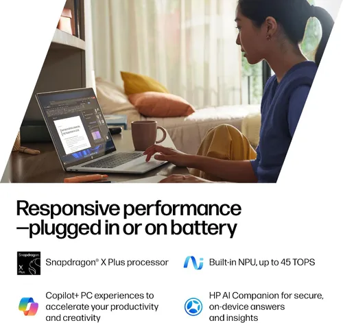 Vista 4 de HP OmniBook 5 PC AI de próxima generación de 14 pulgadas, pantalla OLED, Snapdragon X Plus X1P-42-100, 16 GB de RAM, SSD de 1 TB, GPU Qualcomm