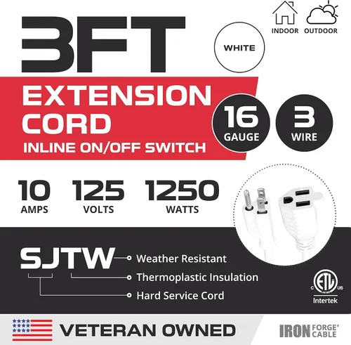 Vista 2 de Iron Forge Cable Cable de extensión blanco de 3 pies para exteriores con interruptor en línea impermeable IP65 de encendido/apagado, interruptor