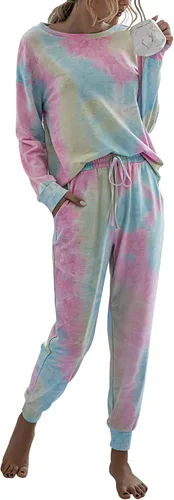 Vista 61 de Prettygarden - Conjunto de pijama de dos piezas para mujer, diseño de teñido anudado, sudadera informal de manga larga con pantalones largos, ropa