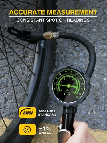 Vista 2 de Inflador de neumáticos de bicicleta con medidor de presión analógico de doble escala de 230 PSI, portabrocas de aire de bloqueo universal Presta