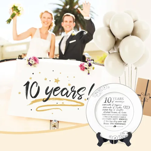 Vista 4 de Urllinz Plato del 10º Aniversario con Decoraciones de Lámina de Platino - Regalos de Estaño de Boda de 10 Años para Ella Parejas Esposa Él Marido