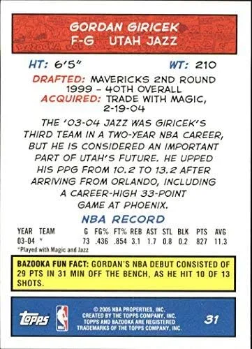 Vista 2 de 2004-05 Bazooka #31 Gordan Giricek NBA Basketball Trading Card