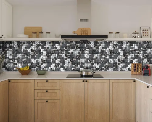 Vista 6 de Azulejos de vidrio blanco y negro para cocina, baño, pared, salpicadero, mosaico, patrón de Versalles [Juego de 5]