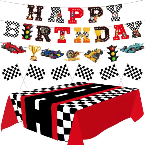 Vista 6 de Kit de decoración de fiesta de auto de carreras, pancarta de feliz cumpleaños, manteles para cumpleaños de coche de carreras o baby shower, 54 x 108