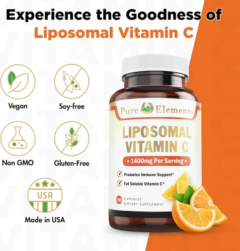 Vista 4 de Pure O Elements Cápsulas de suplemento liposomal de vitamina C, 180 unidades, ácido ascórbico de alta absorción, sin OMG, sin soja, sin gluten