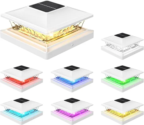Vista 8 de APONUO - Luces solares para punta de poste con 8 colores RGB sólidos y flujo multicolor - Paquete de 4 luces solares para postes de 6x6, IP65