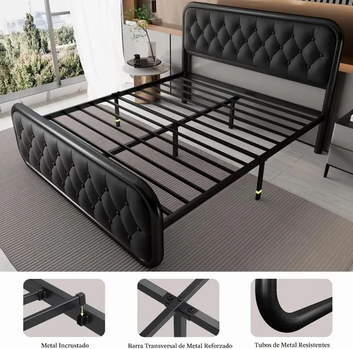 Vista 6 de Feonase Marco de cama tamaño completo, marco de cama resistente con cabecera de piel sintética, cama de plataforma tapizada con listones de metal
