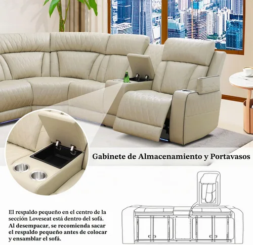 Vista 4 de Juego de sofá modular reclinable eléctrico con luz LED, juego de sofá modular reclinable de cuero, incluye sillón reclinable individual, juego