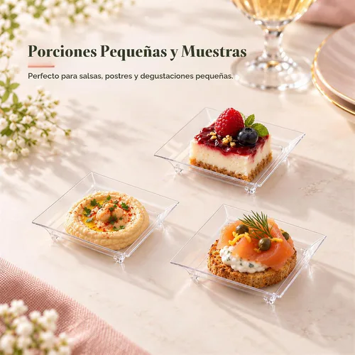 Vista 6 de Kingrol 150 platos pequeños para aperitivos, platos cuadrados de plástico transparente de 2.5 pulgadas, platos desechables de 1 onza para postres