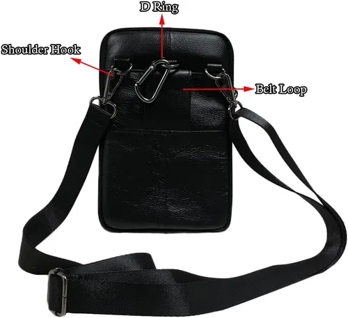 Vista 3 de Cuero Genuino Hombres Wasit Pack Con Correa De Cinturón De Hombro Bolsa De Teléfono Celular Style1-Negro