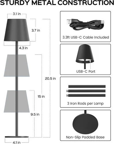 Vista 5 de JACKYLED Lámparas de mesa inalámbricas recargables, 3 alturas ajustables, funciona con batería de 5000 mAh, 3 colores de atenuación suave, lámpara
