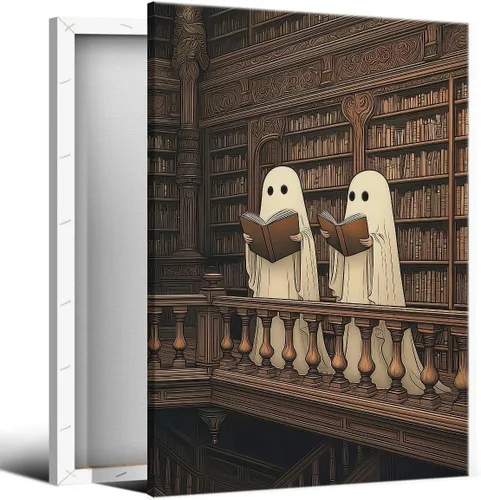 Vista 16 de Lienzo decorativo de Halloween para pared, póster de fantasma y gato negro en la bañera, imagen espeluznante de fantasma y flores, impresión