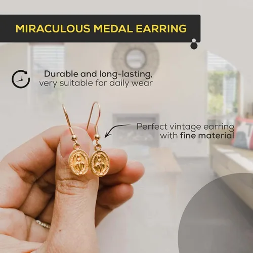 Vista 3 de Juego de aretes de medalla milagrosa católica, aretes de medalla de Virgen María, ovalados y círculos, para hombre, acero inoxidable virgen María