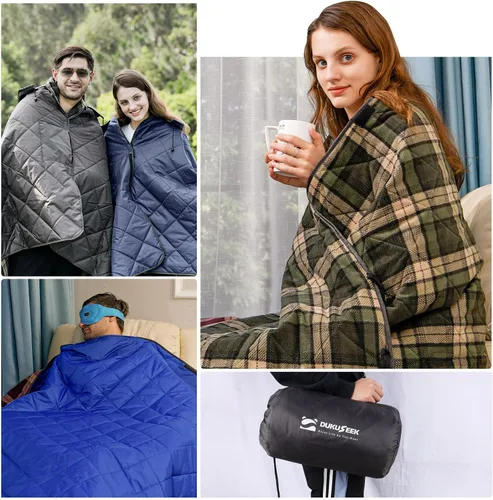 Vista 2 de DUKUSEEK Manta con capucha para exteriores, manta de camping impermeable, acolchada, forro polar grueso, cálida, resistente al viento, a prueba