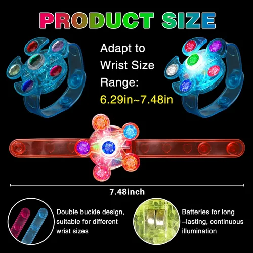 Vista 4 de BSTDECOR Paquete de 14 Pulseras Giratorias Fidget con Luz LED, Brillan en la Oscuridad, Recuerdos de Fiesta para Niños de 4-8 y 8-12, Regalos